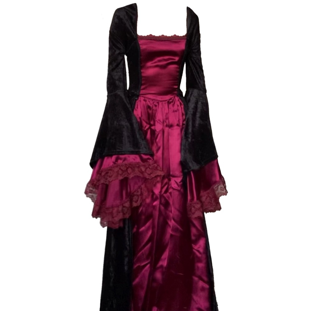 black and burgundy velvet bell sleeve dress